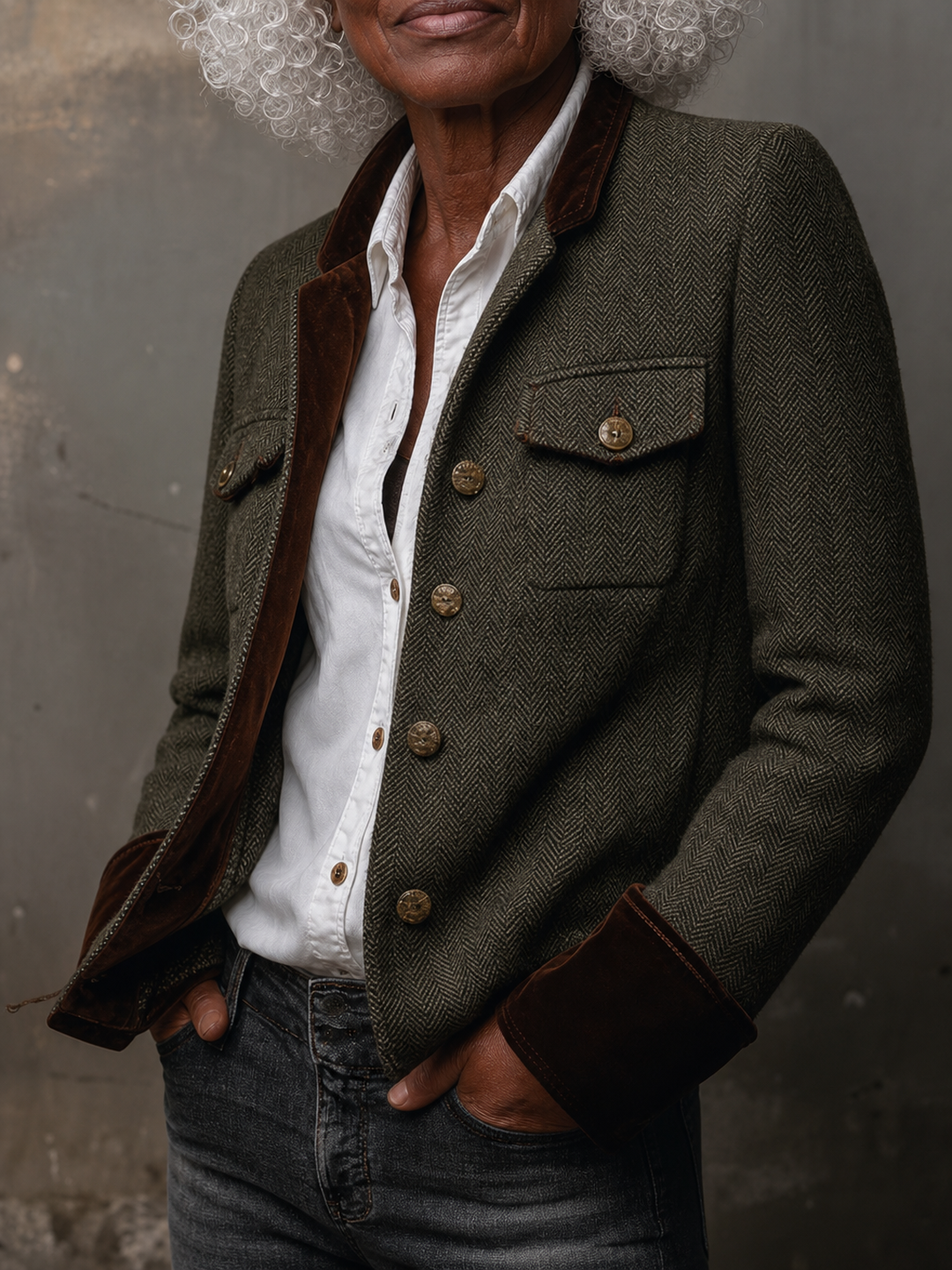 Wilhelmena | Vintage Herringbone Contrast Trim Blazer