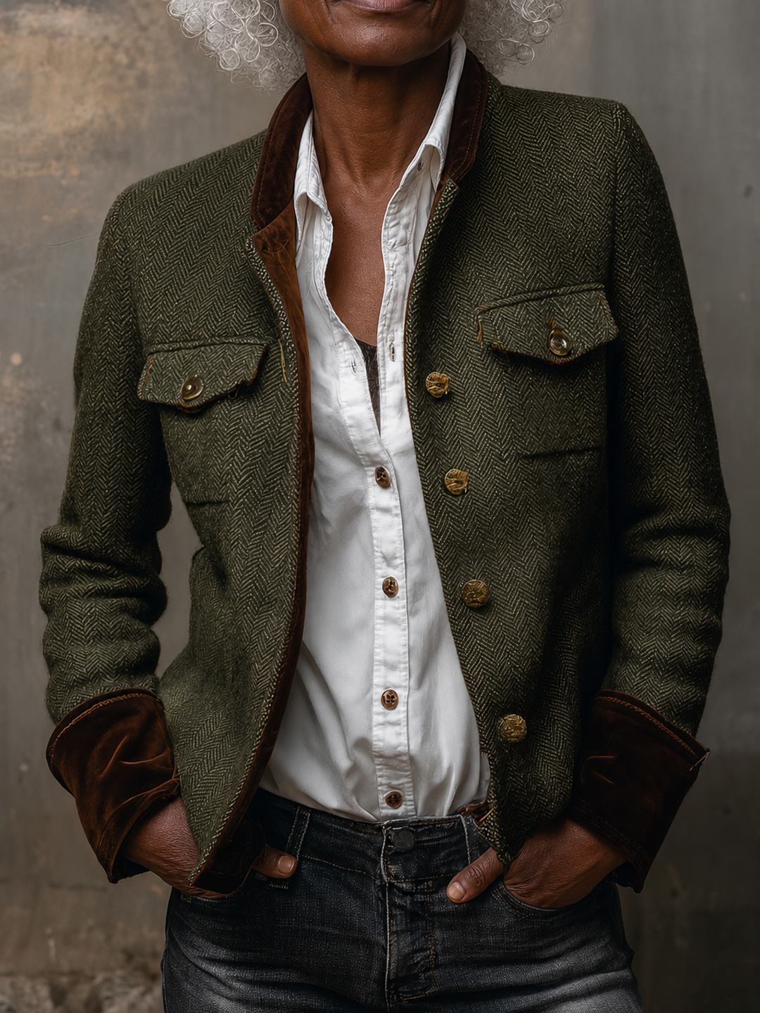 Wilhelmena | Vintage Herringbone Contrast Trim Blazer