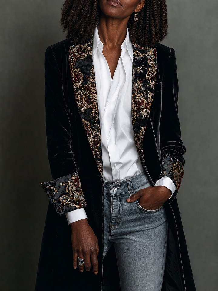 Zuriela | Black Baroque Print Lapel Slim Fit Blazer