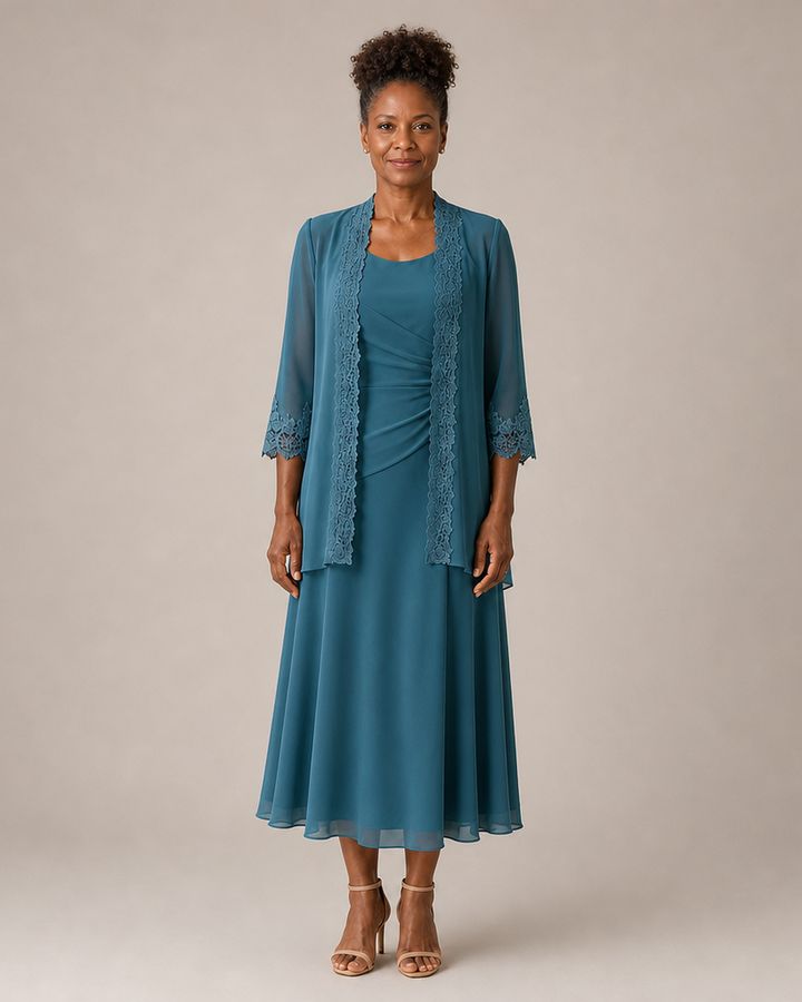Mother of the Bride Midi Dress with Lace Jacket