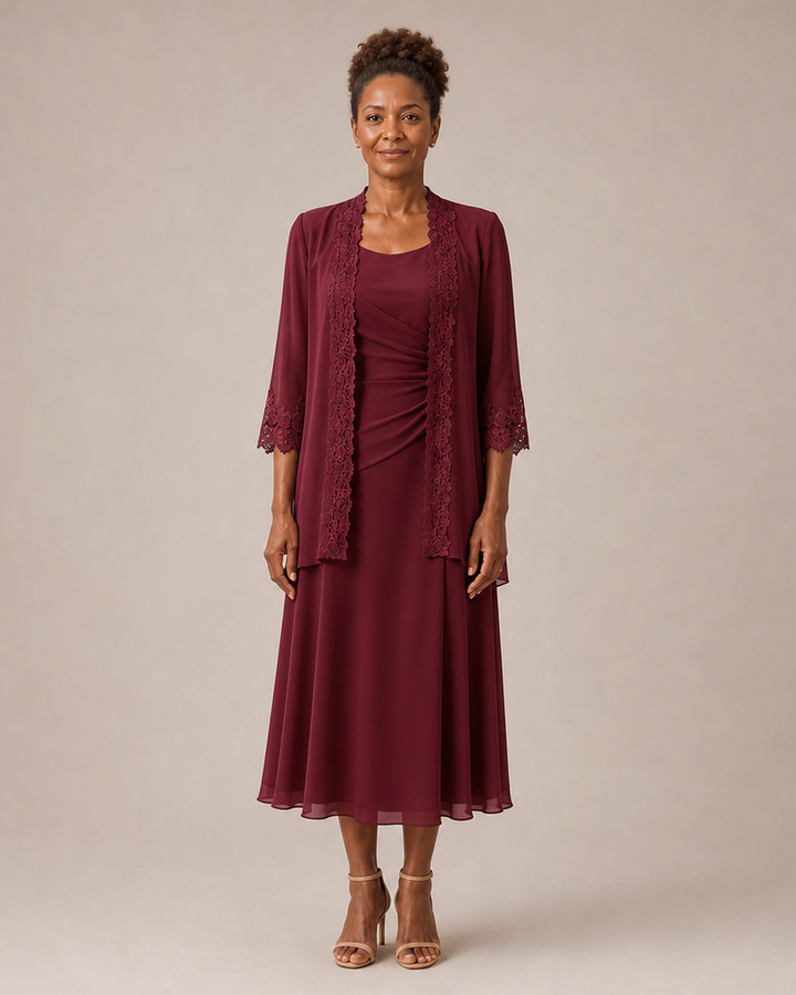 Mother of the Bride Midi Dress with Lace Jacket