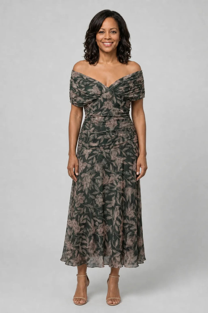 Calen | Off Shoulder Flow Midi Dress — Multicolor