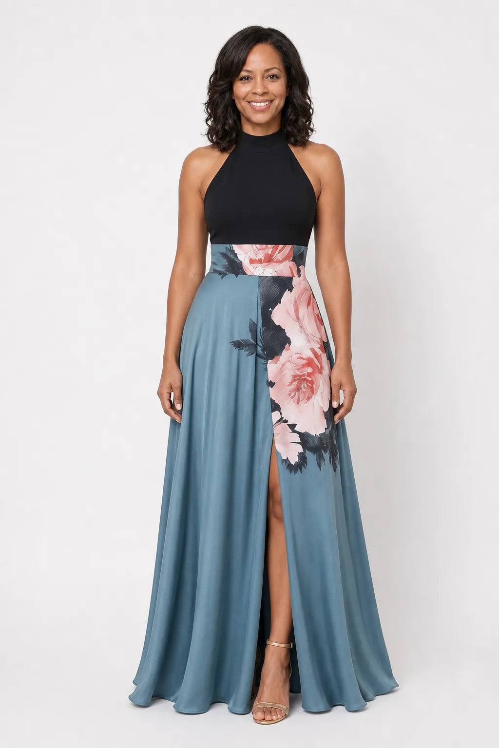 Olympas | Halter Bodice Floral Skirt Maxi Dress — Multicolor