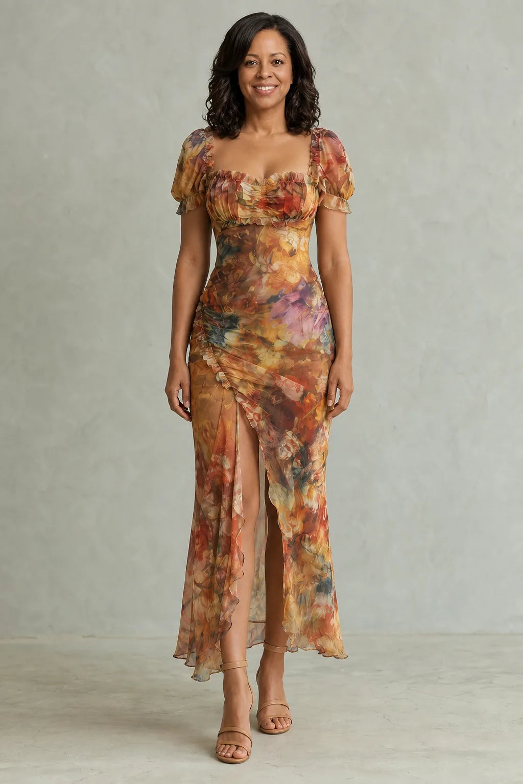 Ciel | Ruffled Sleeve Ruched Slit Midi Dress — Multicolor