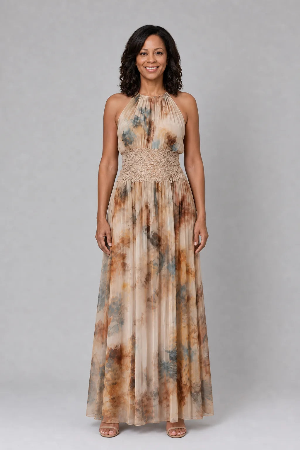 Elavenue | Halter Neck Lace Waist Maxi Dress — Multicolor