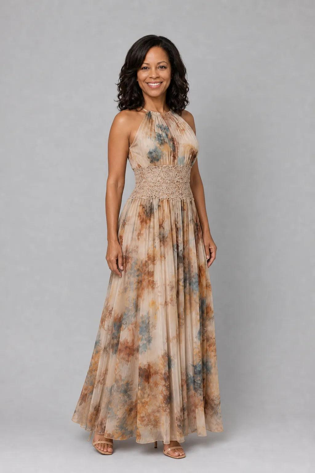 Elavenue | Halter Neck Lace Waist Maxi Dress — Multicolor