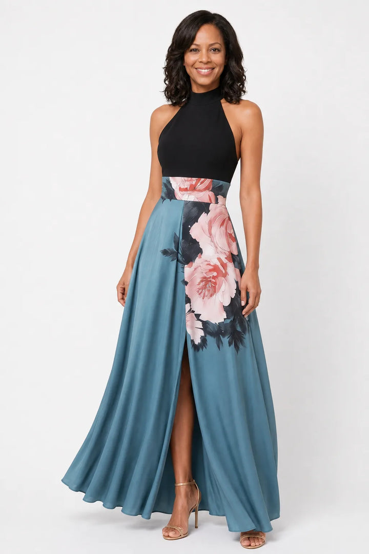 Olympas | Halter Bodice Floral Skirt Maxi Dress — Multicolor