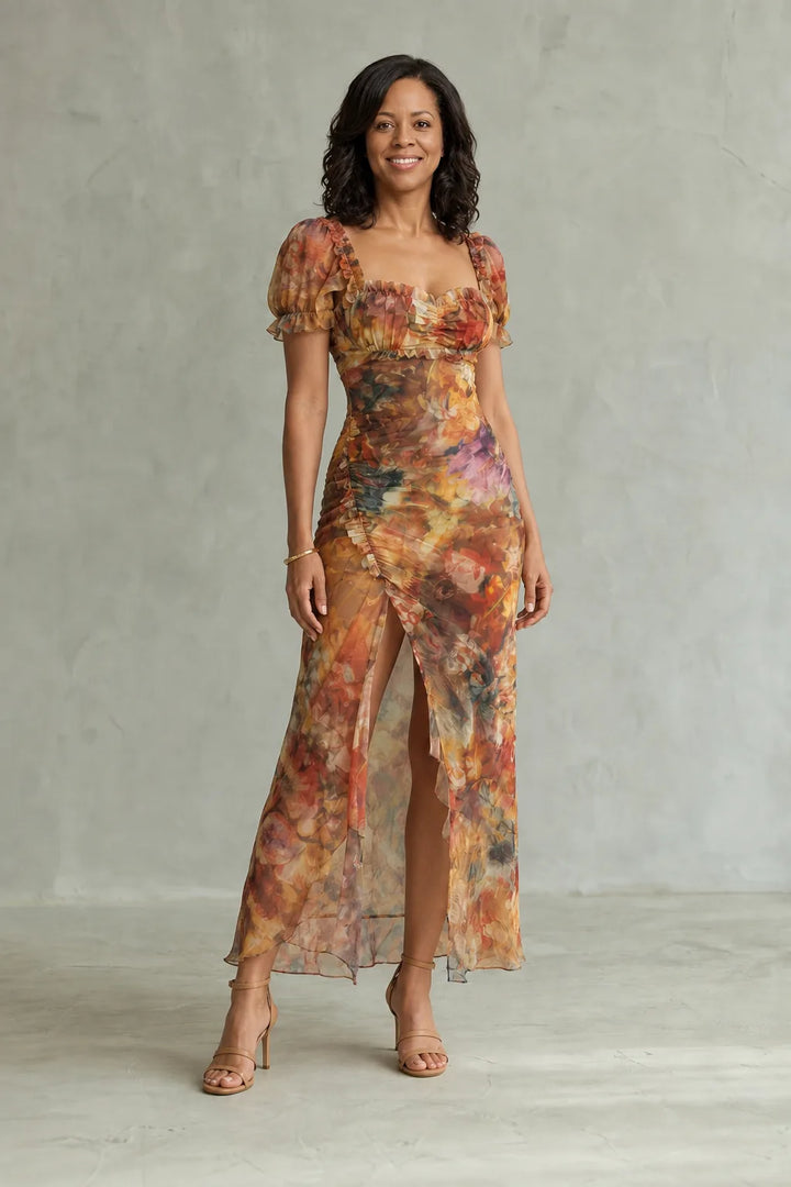 Ciel | Ruffled Sleeve Ruched Slit Midi Dress — Multicolor