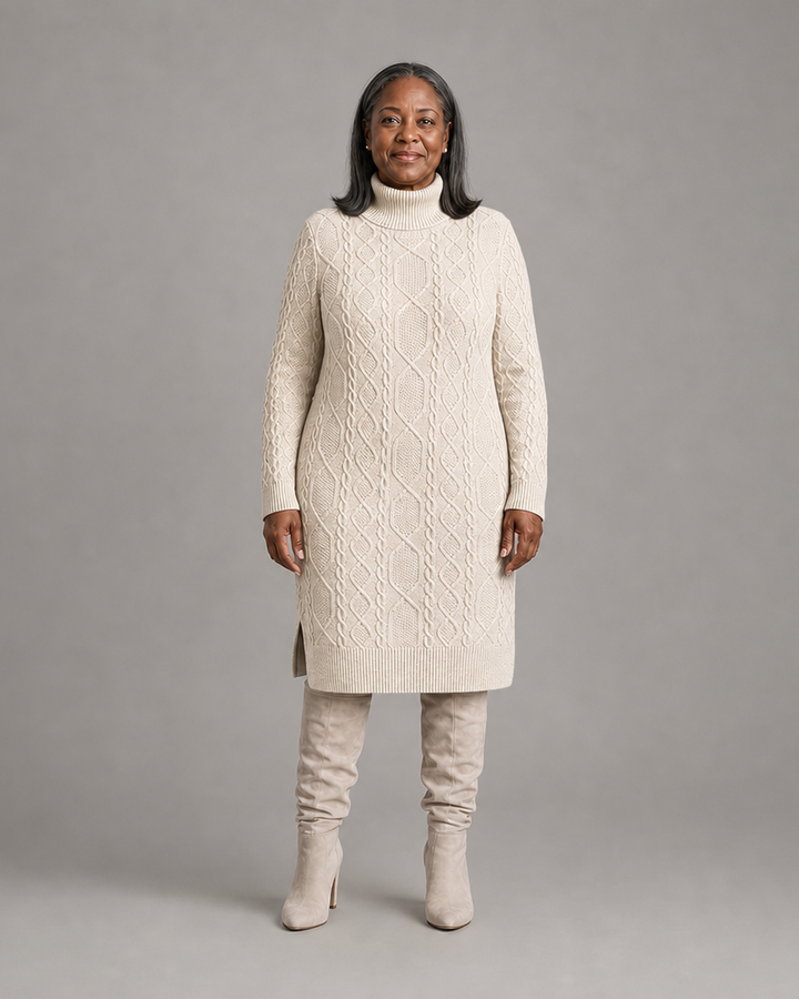 Natalie | Women's Cable-Knit Turtleneck Midi Jumper Dress with Side Split
