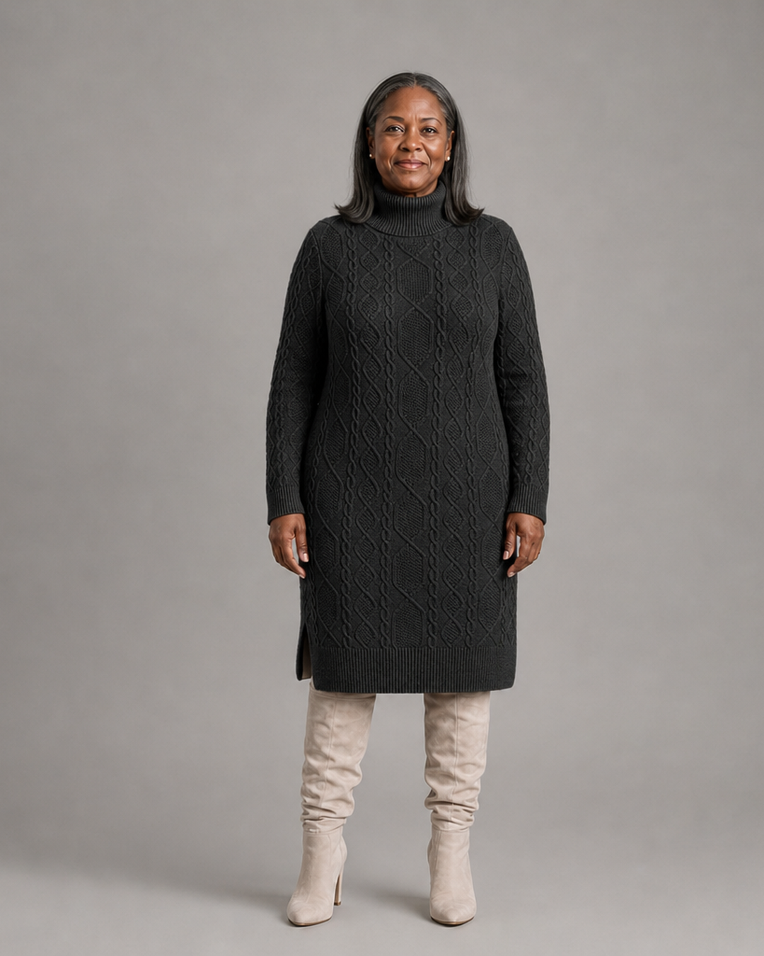 Natalie | Women's Cable-Knit Turtleneck Midi Jumper Dress with Side Split