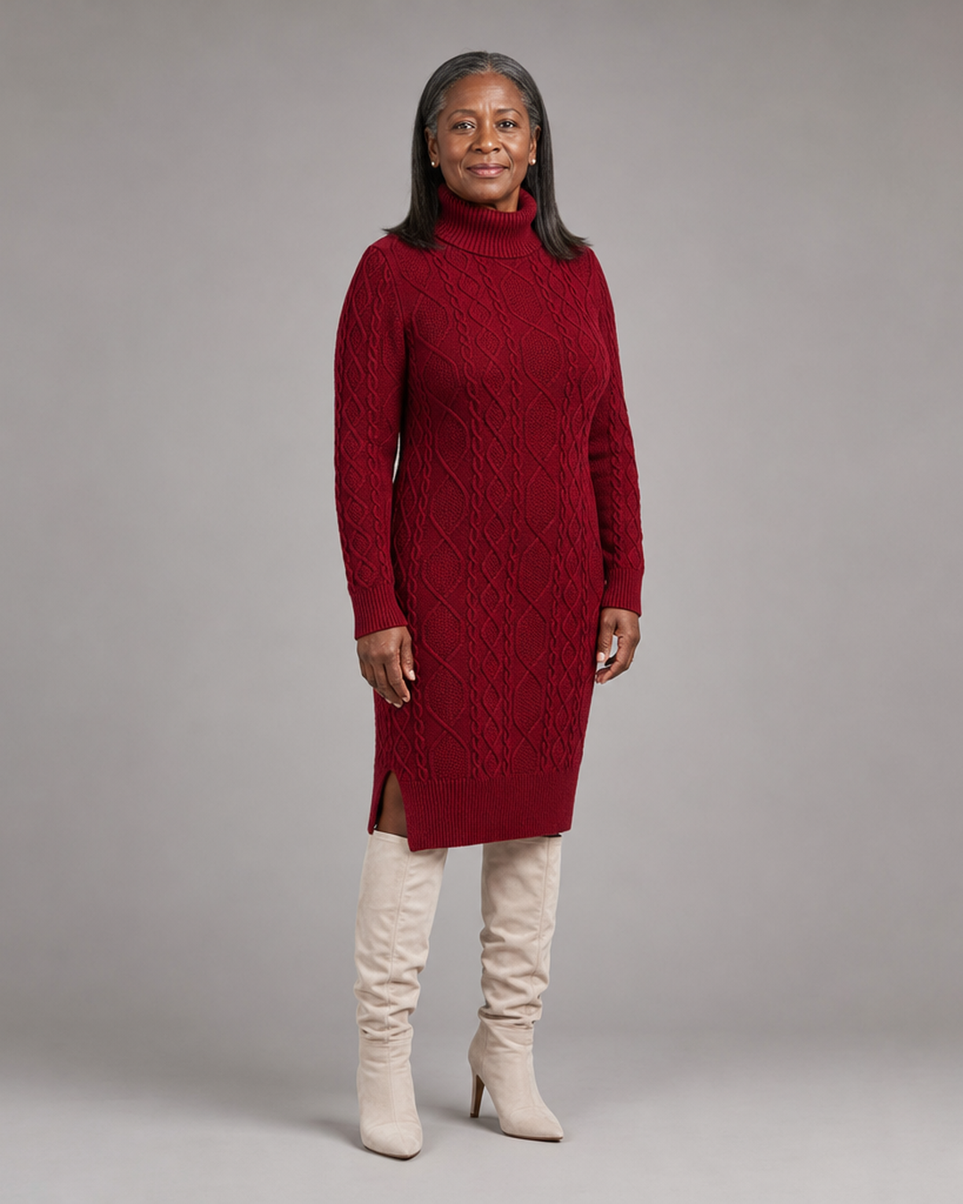 Natalie | Women's Cable-Knit Turtleneck Midi Jumper Dress with Side Split