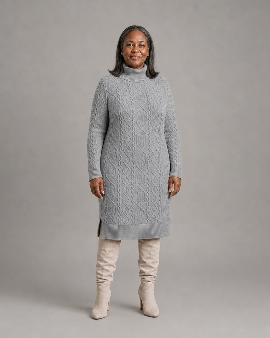 Natalie | Women's Cable-Knit Turtleneck Midi Jumper Dress with Side Split