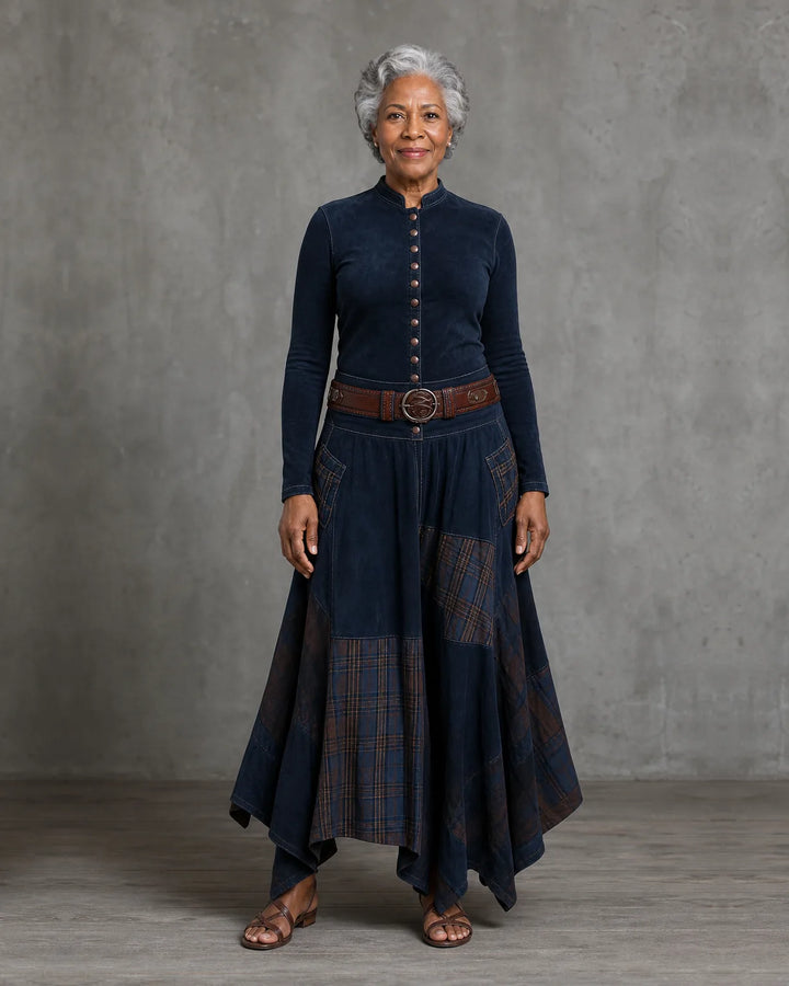 Leonora | Vintage Long Dress in Navy Blue Suede Check (Includes Belt)