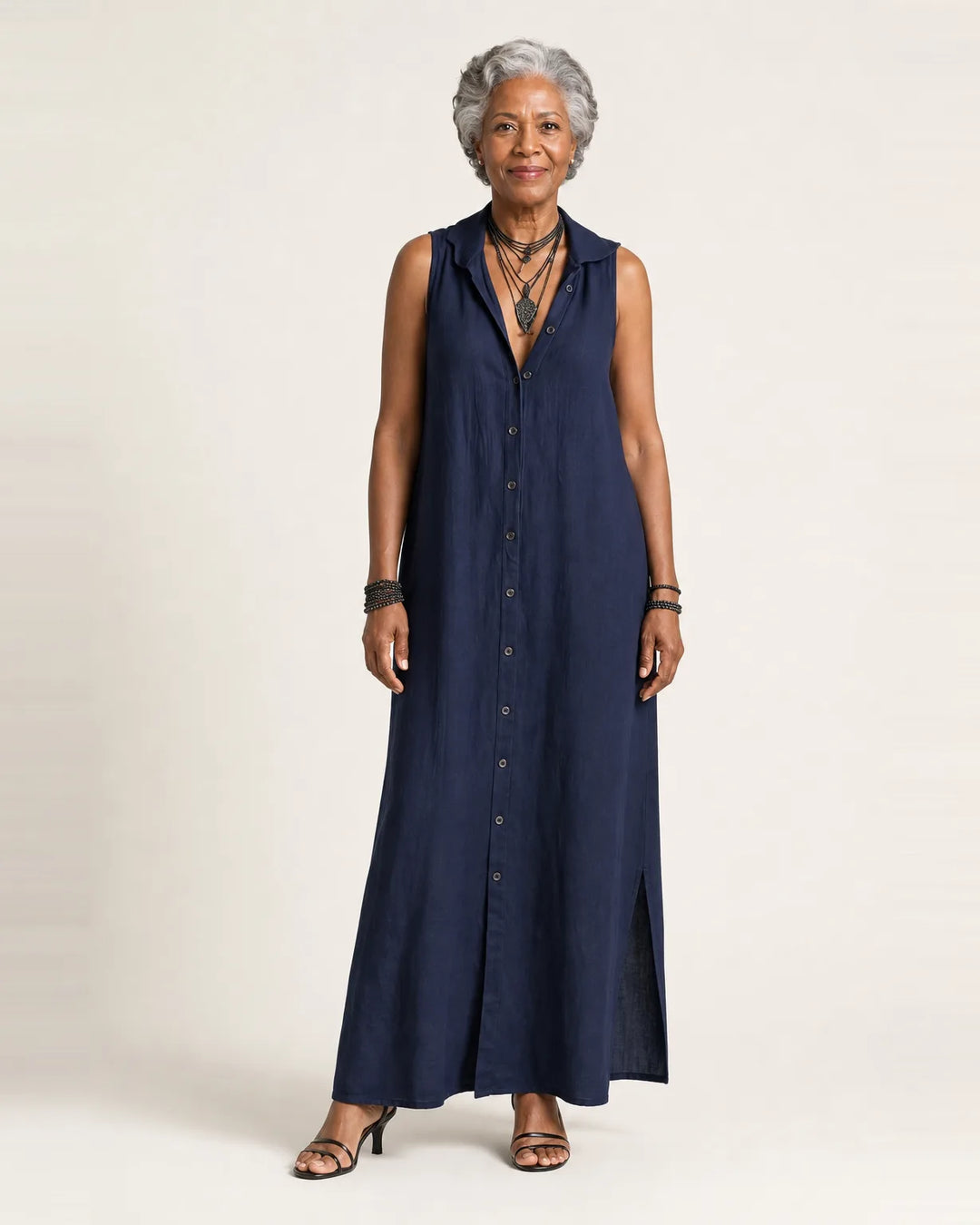 Mirabell | Hooded Button-Front Sleeveless Linen Maxi Dress — Navy Blue