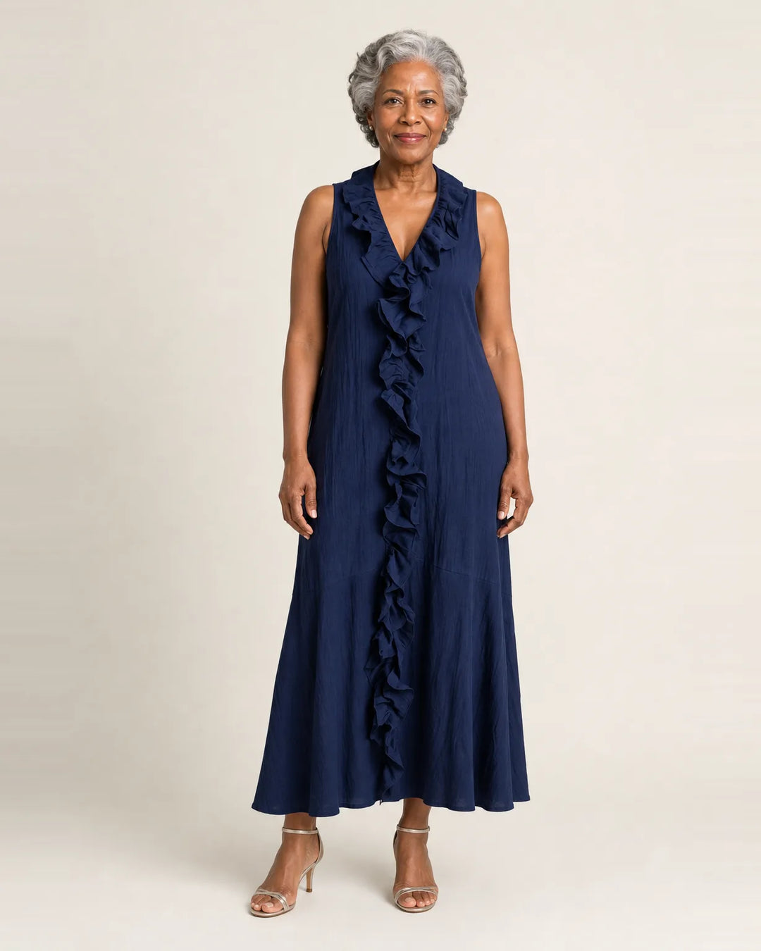 Vicky | Ruffle-Front V-Neck Sleeveless Linen Maxi Dress — Navy Blue