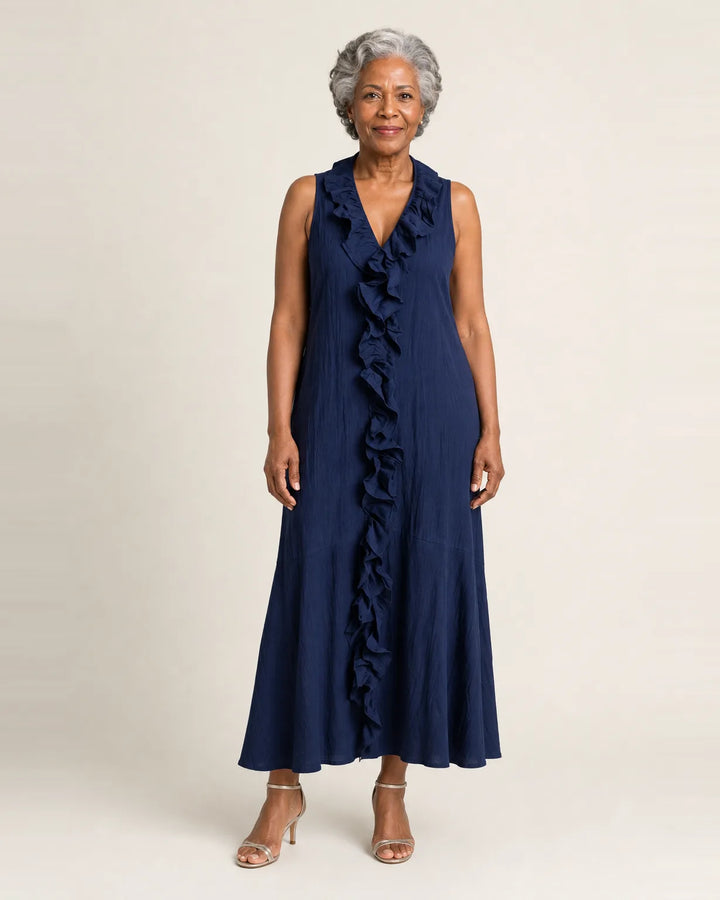 Vicky | Ruffle-Front V-Neck Sleeveless Linen Maxi Dress — Navy Blue