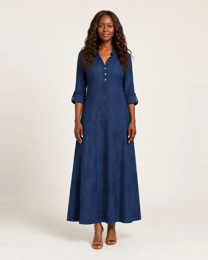 Mariam | Cotton-Linen Maxi Dress with Tonal Floral Embroidery — Navy Blue