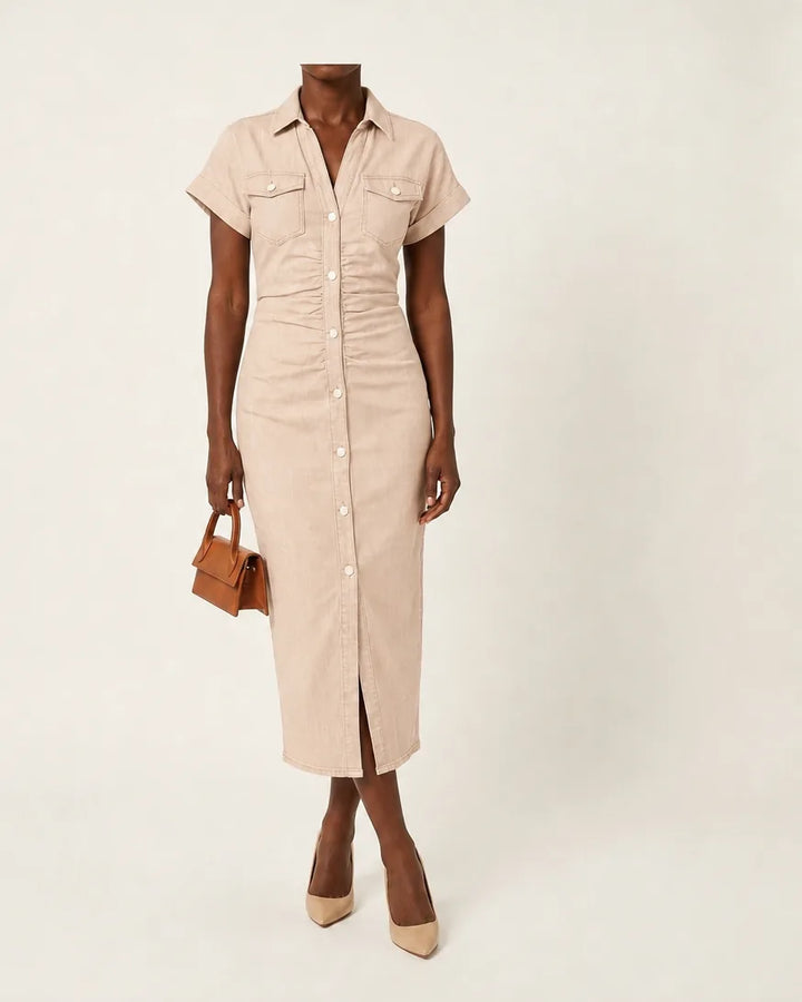 Oriane | Button-Front Denim Bodycon Midi Dress