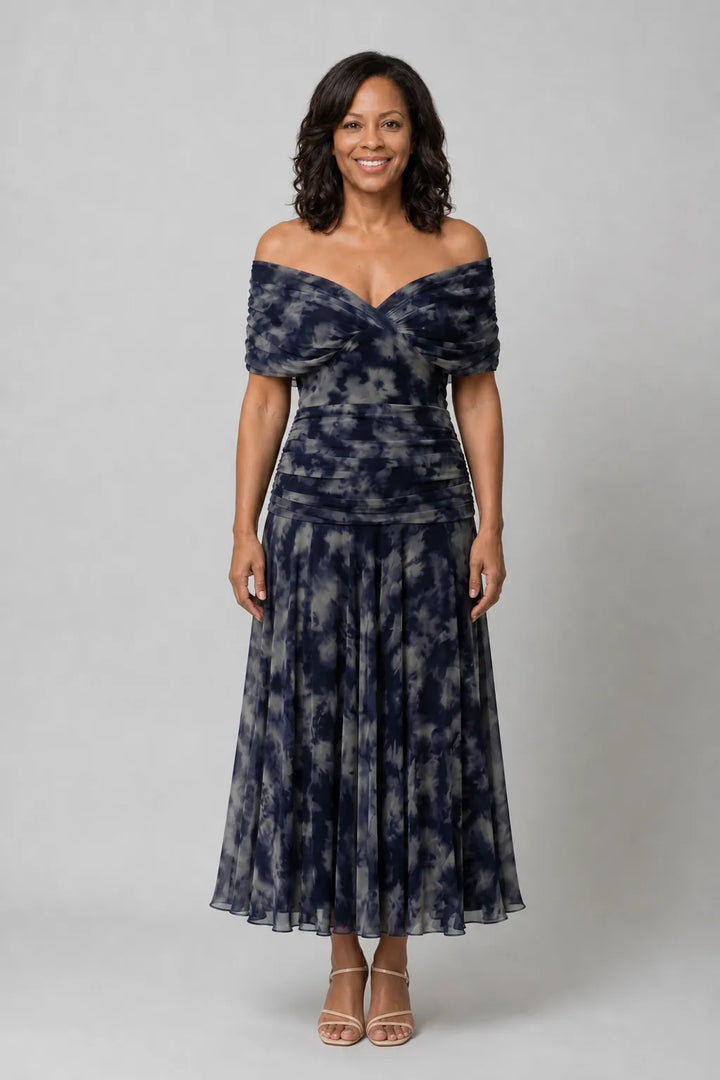 Calen | Off Shoulder Flow Midi Dress — Navy