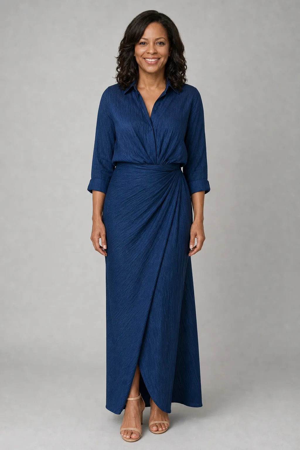 Mirque | Long Sleeve Wrap Front Maxi Dress — Navy