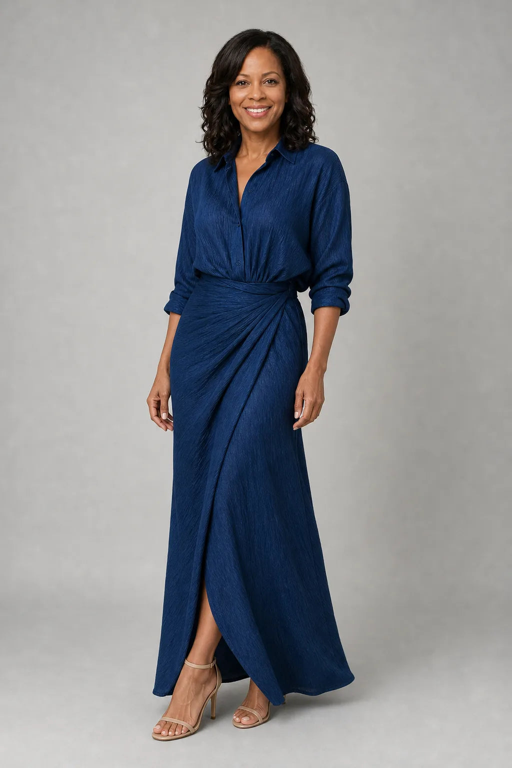 Mirque | Long Sleeve Wrap Front Maxi Dress — Navy
