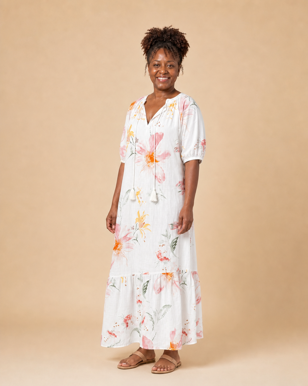 Junette | Ivory Bloom Tiered Midi Dress