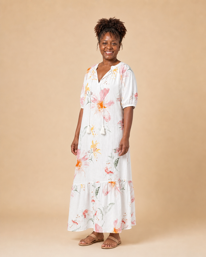 Junette | Ivory Bloom Tiered Midi Dress