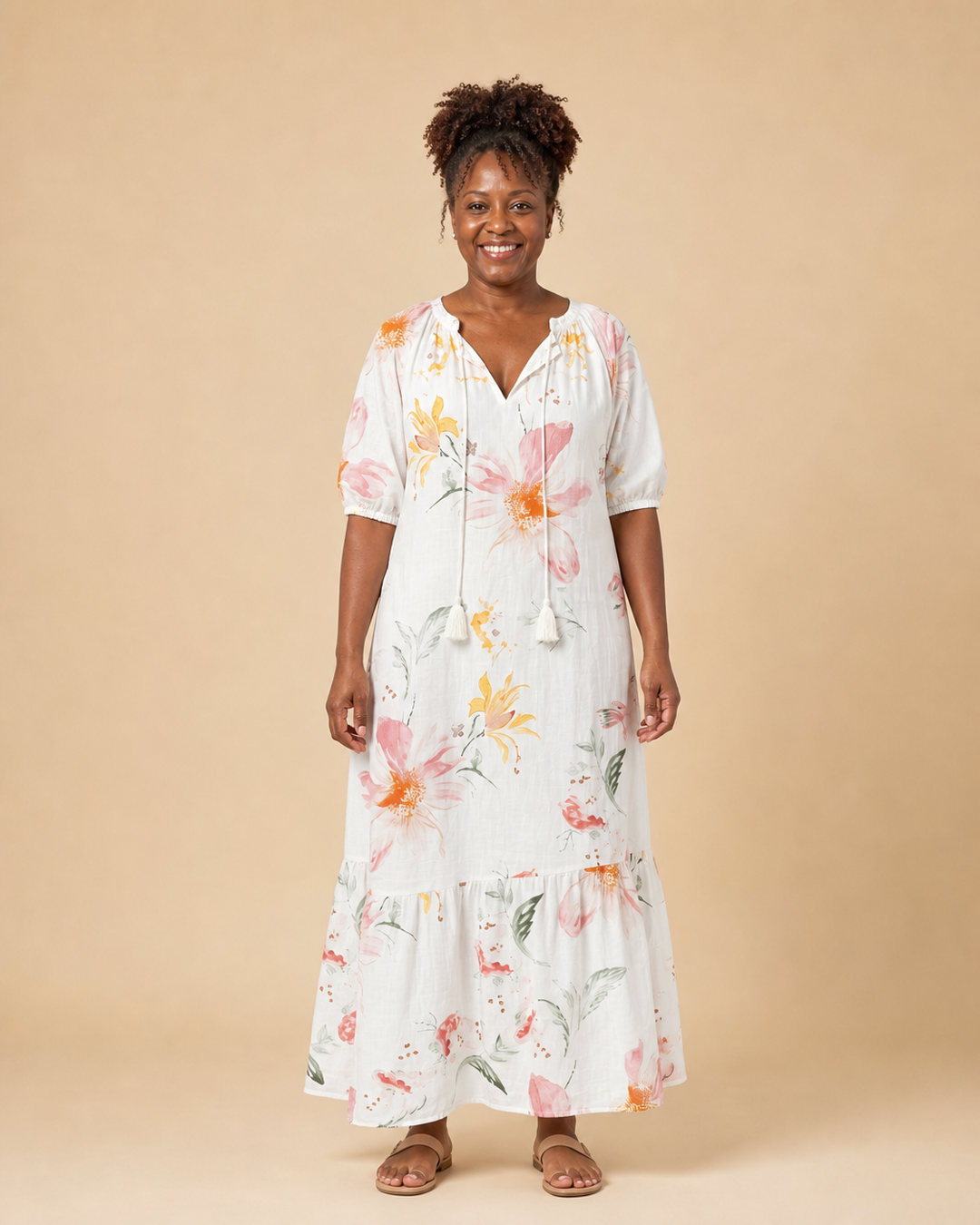Junette | Ivory Bloom Tiered Midi Dress