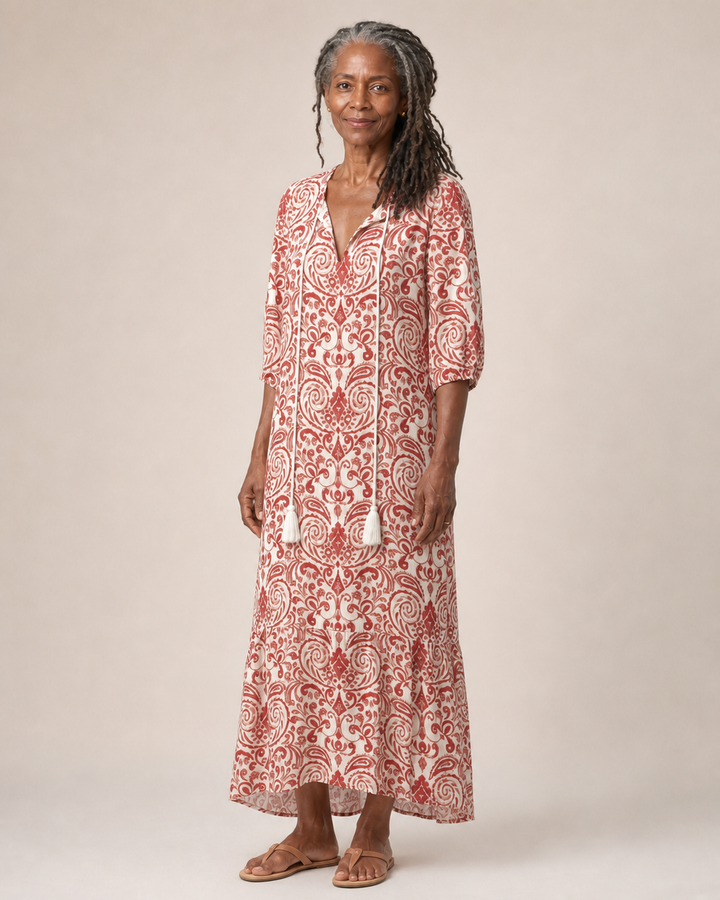 Reva | Rustic Scroll Tassel-Tie Midi Dress