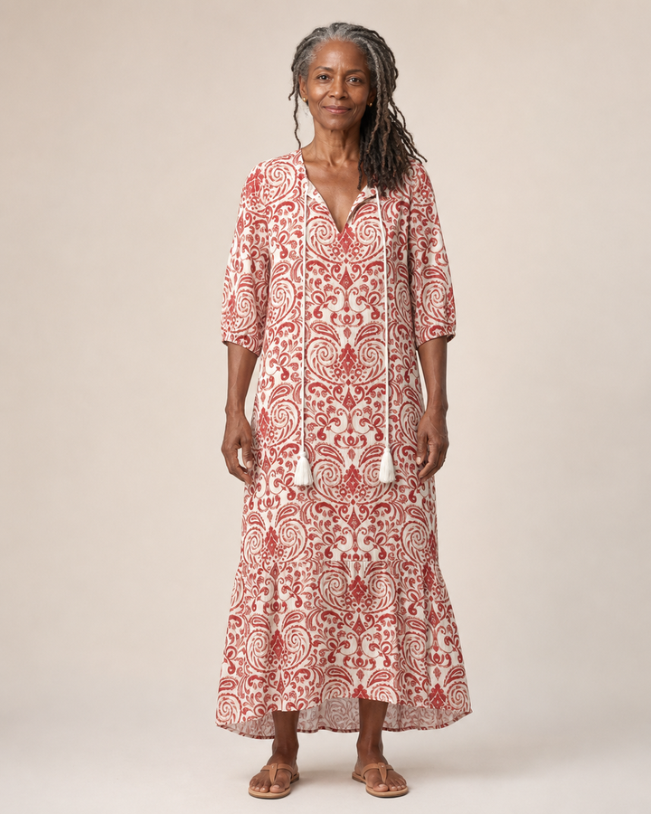 Reva | Rustic Scroll Tassel-Tie Midi Dress