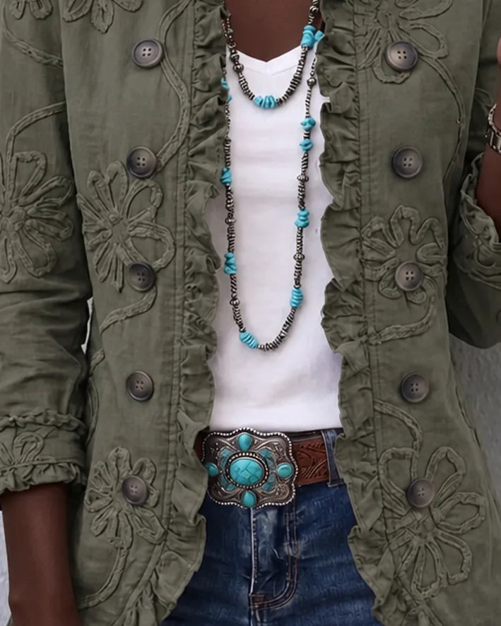 Tendai | Olive Floral Embroidered Ruffle-Trim Jacket
