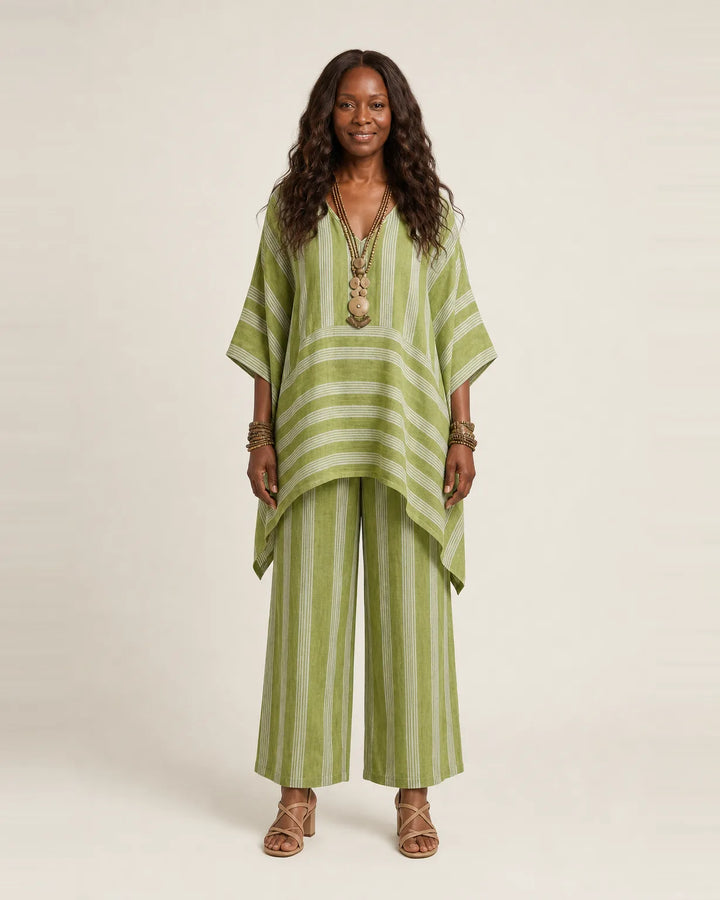Kiara | Two-Piece Striped Cotton-Linen Set — Olive