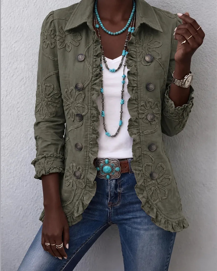 Tendai | Olive Floral Embroidered Ruffle-Trim Jacket