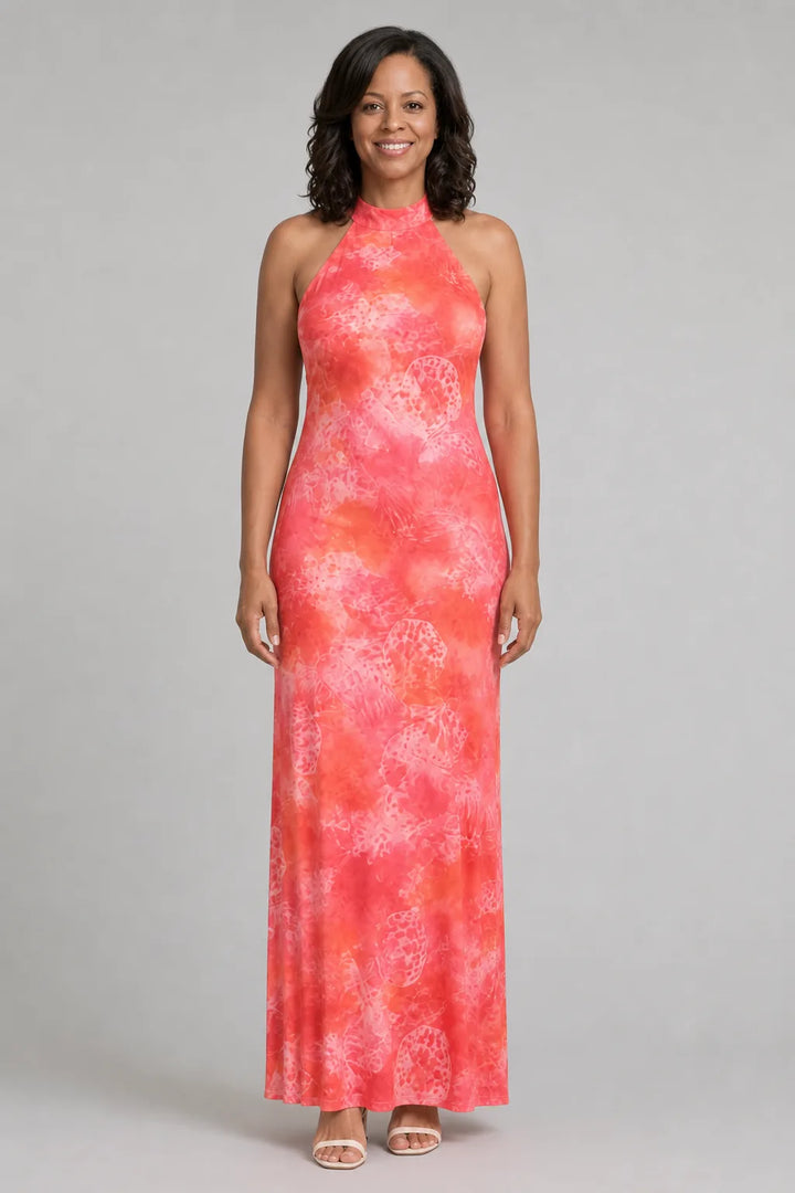 Coraline | Halter Neck Printed Pattern Maxi Dress — Orange
