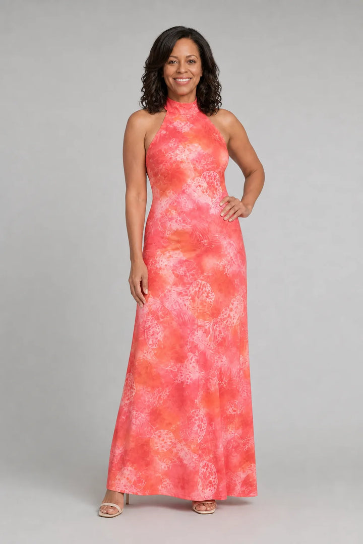 Coraline | Halter Neck Printed Pattern Maxi Dress — Orange