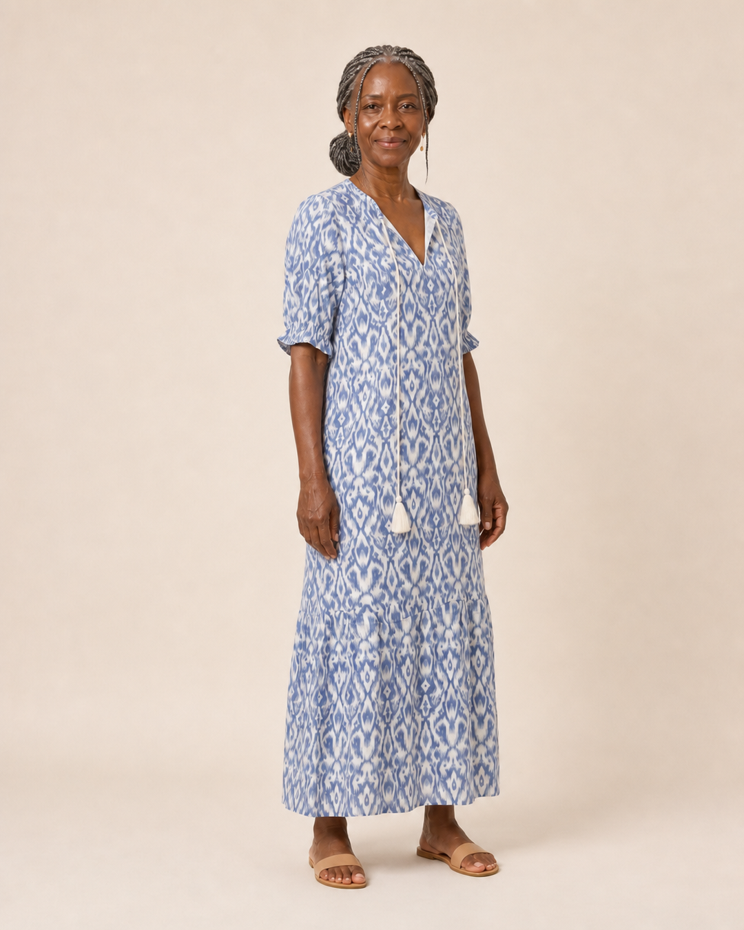 Odessa | Indigo Ikat Tassel-Tie Midi Dress