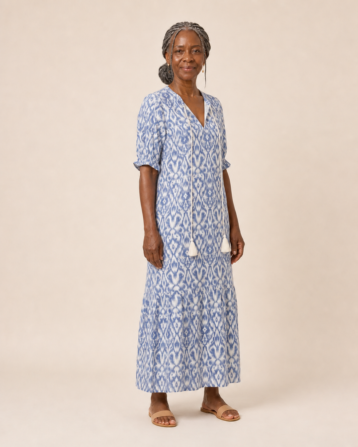 Odessa | Indigo Ikat Tassel-Tie Midi Dress