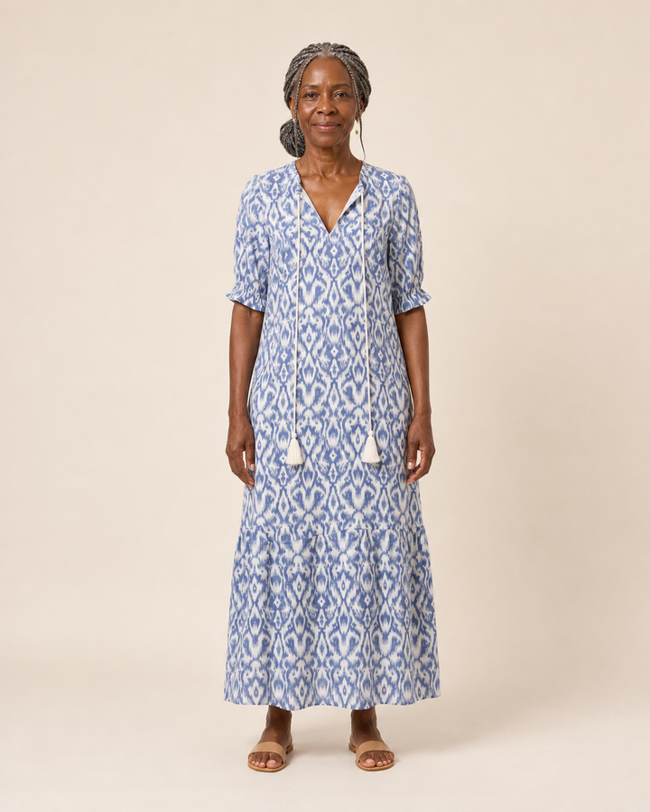 Odessa | Indigo Ikat Tassel-Tie Midi Dress