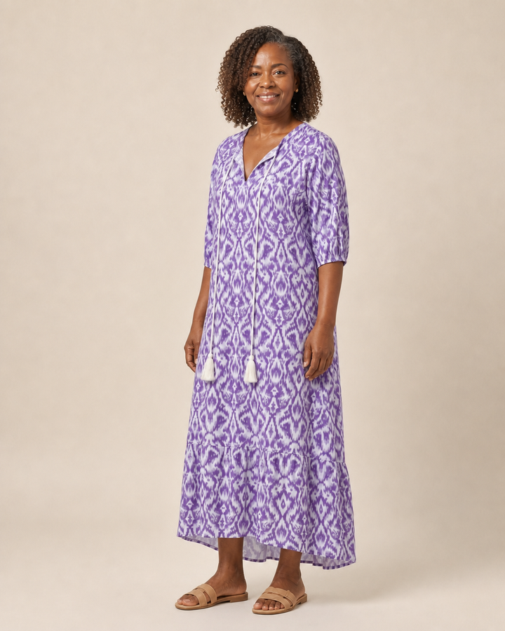 Deneshia | Violet Ikat Tassel-Tie Midi Dress