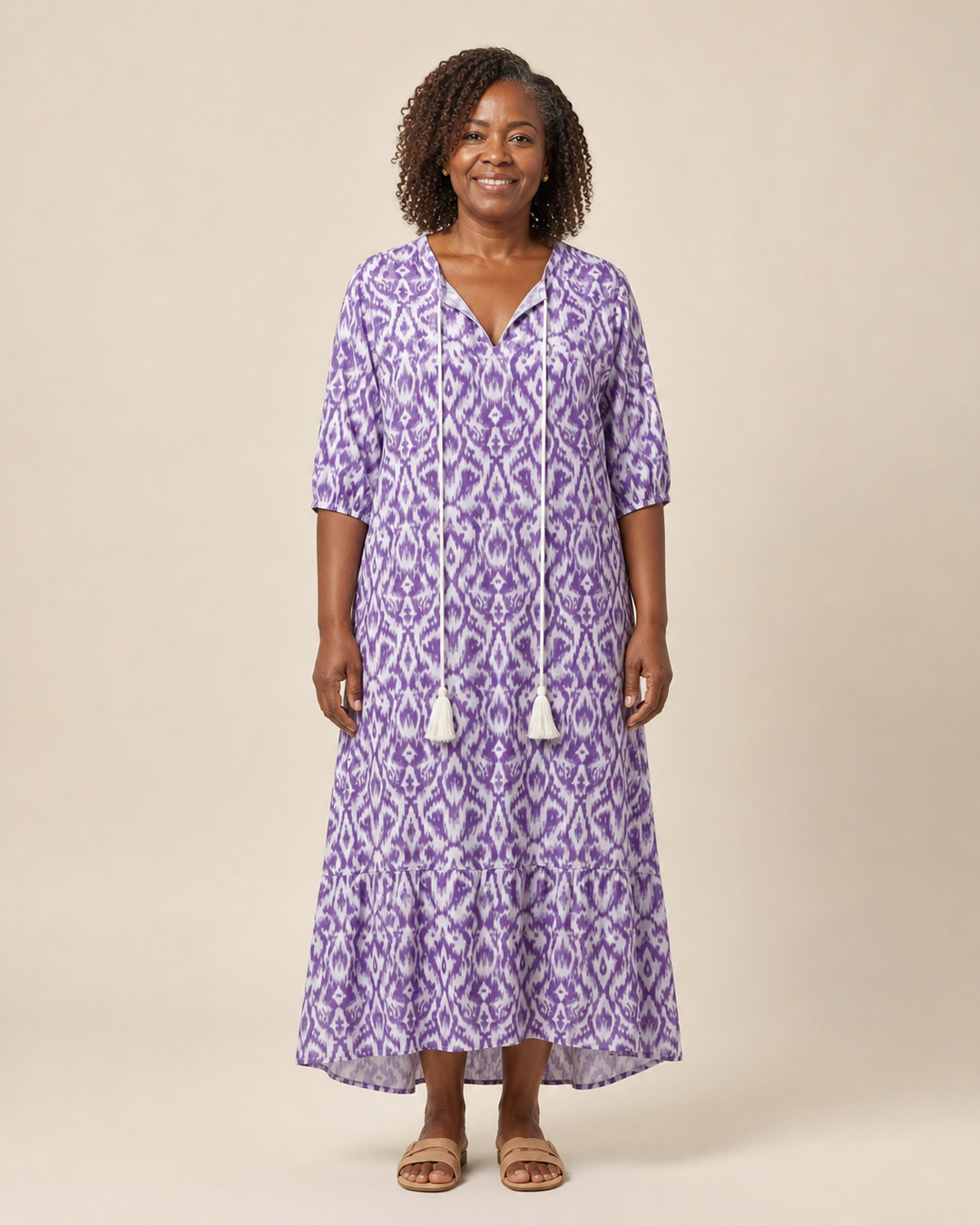 Deneshia | Violet Ikat Tassel-Tie Midi Dress