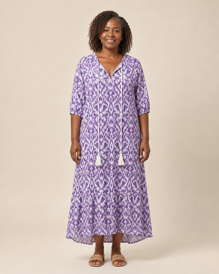 Deneshia | Violet Ikat Tassel-Tie Midi Dress