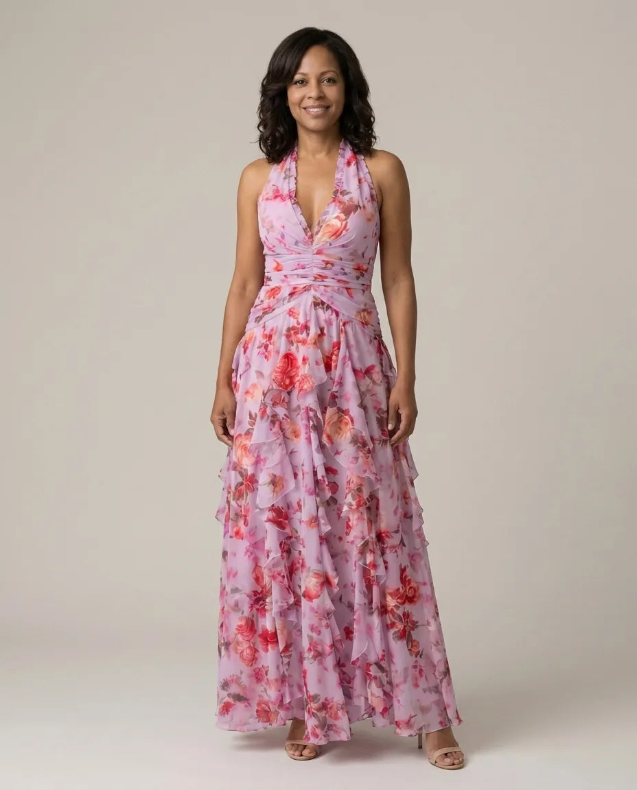 Tessa | Halter Neck Ruched Bodice Floral Maxi Dress