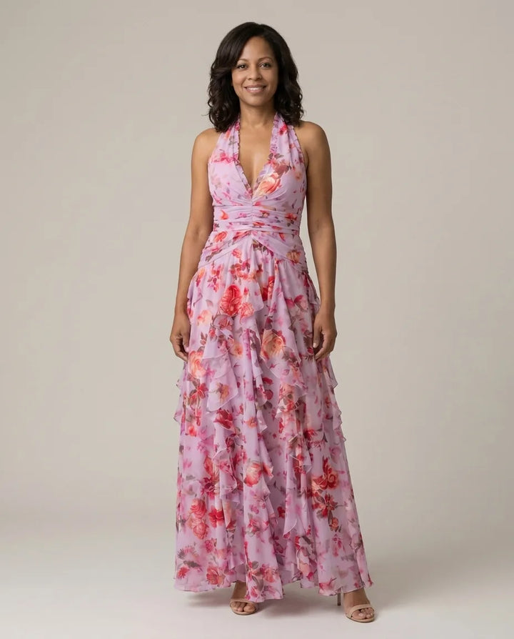Tessa | Halter Neck Ruched Bodice Floral Maxi Dress