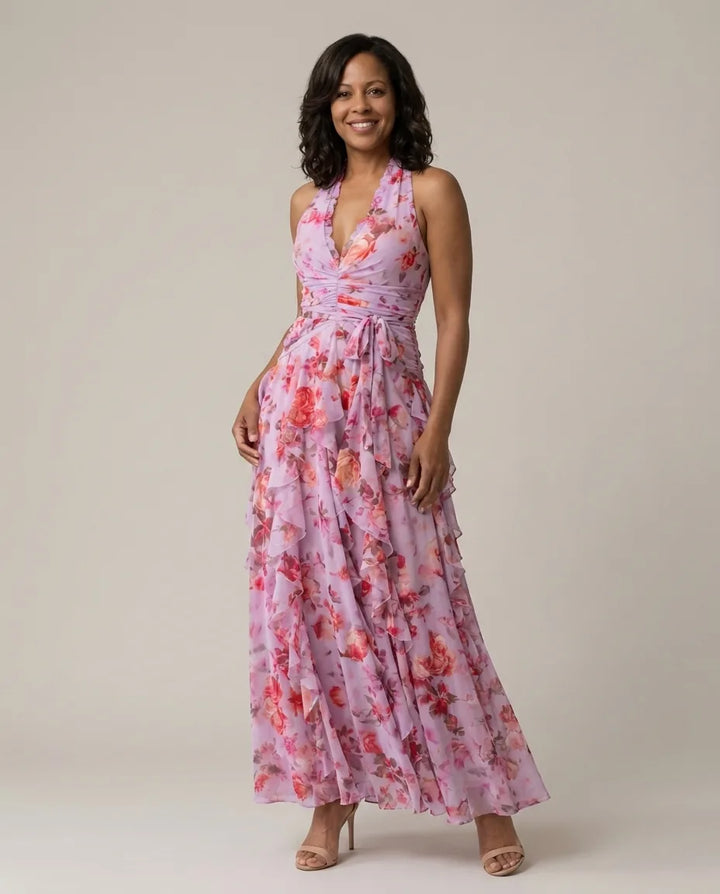 Tessa | Halter Neck Ruched Bodice Floral Maxi Dress