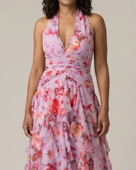Tessa | Halter Neck Ruched Bodice Floral Maxi Dress