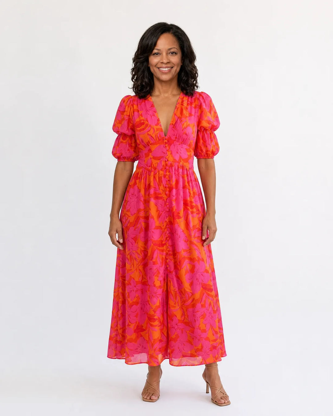 Willow | Floral V Neck Puff Sleeve Midi Dress
