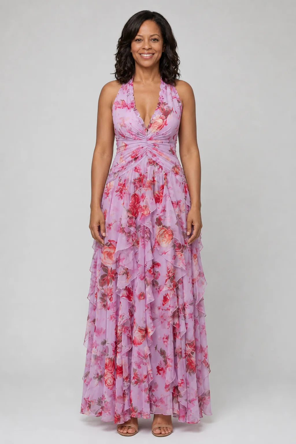 Nori | Halter Neck Ruched Bodice Floral Maxi Dress — Pink