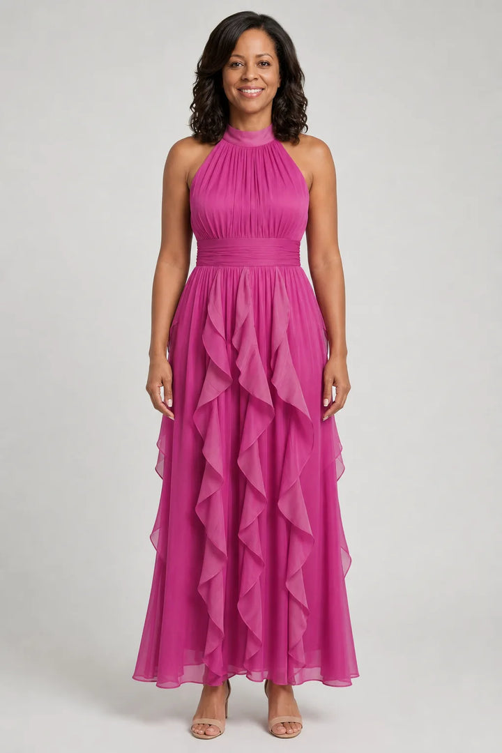 Orea | High Neck Gathered Ruffle Layers Maxi Dress — Pink