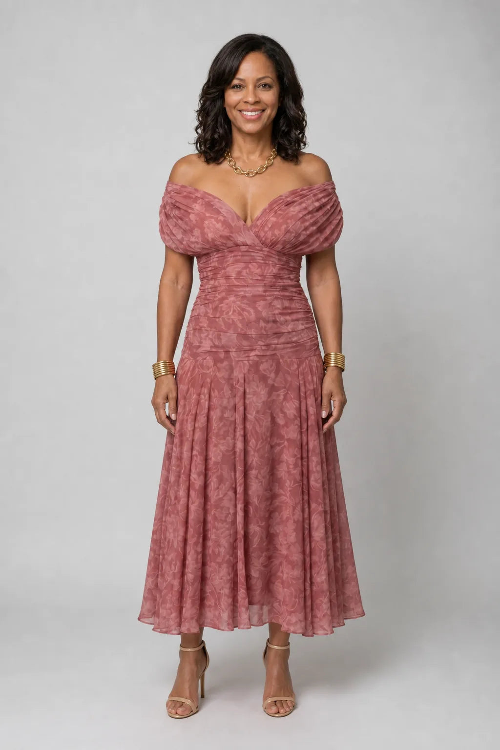 Calen | Off Shoulder Flow Midi Dress — Pink