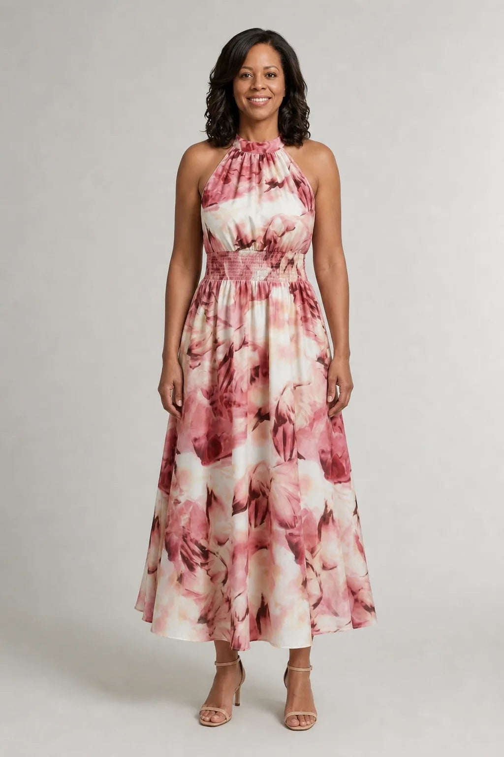 Sylin | Gathered Halter Midi Dress — Pink
